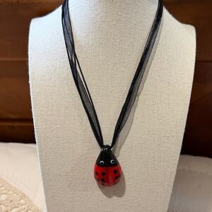 Red and Black Glass Ladybug Pendant Necklace with Black Ribbon Cord